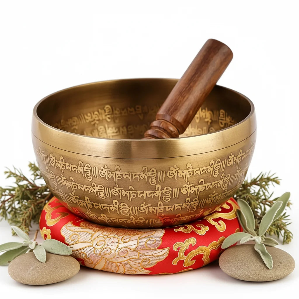 4.7-inch Sacred Vajra singing bowl hand-hammered with Buddhist symbols and complete accessories