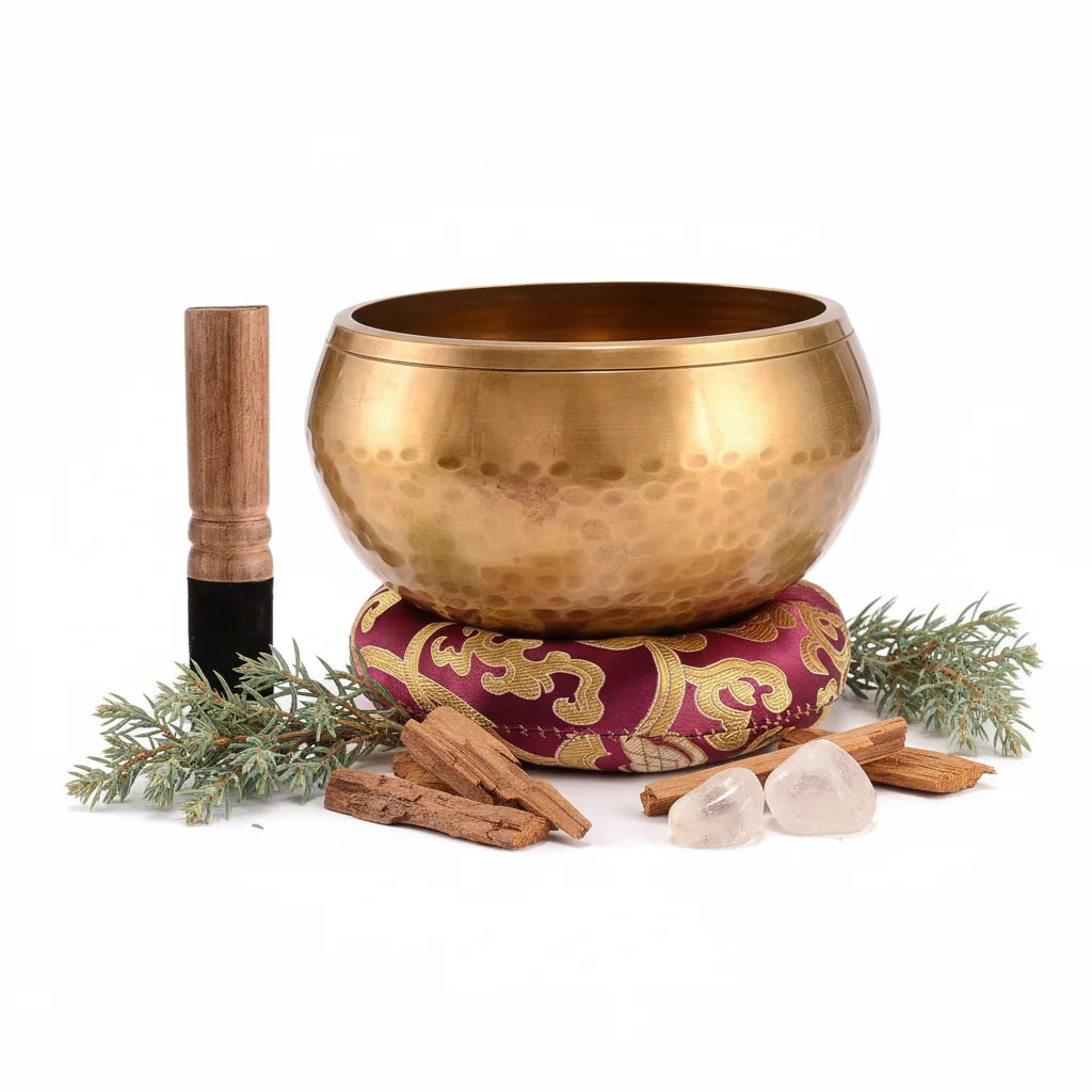 6-inch hand-hammered Meru singing bowl with wooden mallet and silk cushion for sound healing