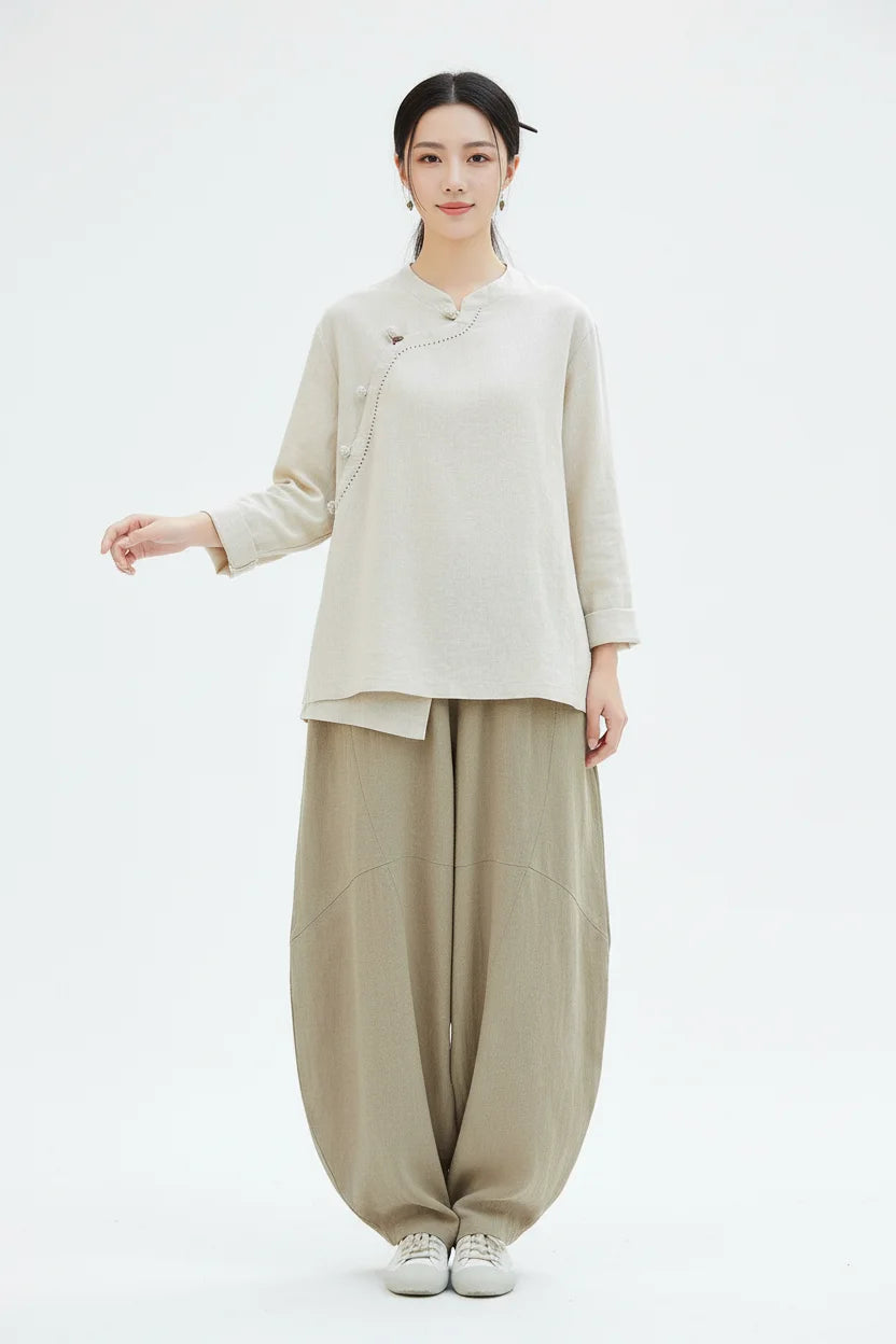 Cotton linen meditation outfit full-body view on white background for prostration practice