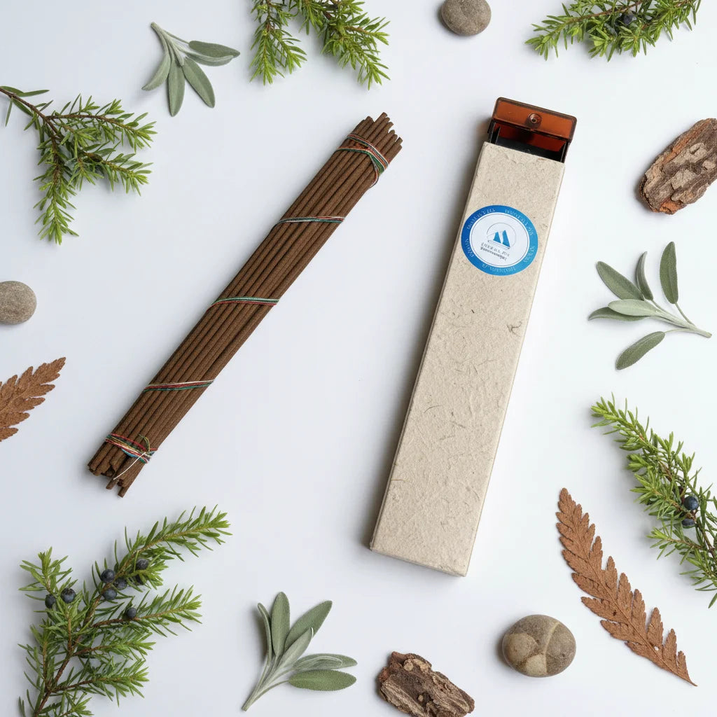 Hand-rolled Tibetan Sang incense sticks with wild juniper and cedar for space clearing meditation